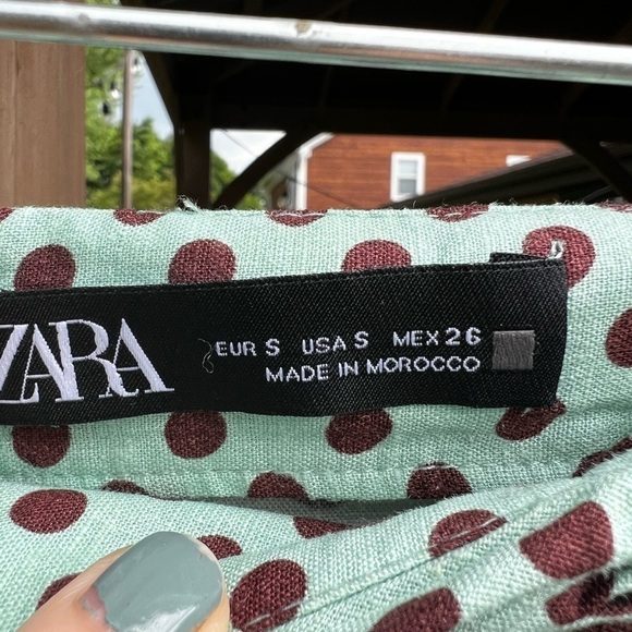 Zara Women's Linen Blend Polka Dot High Slit Midi Brown Green Skirt Size Small - Picture 2 of 7